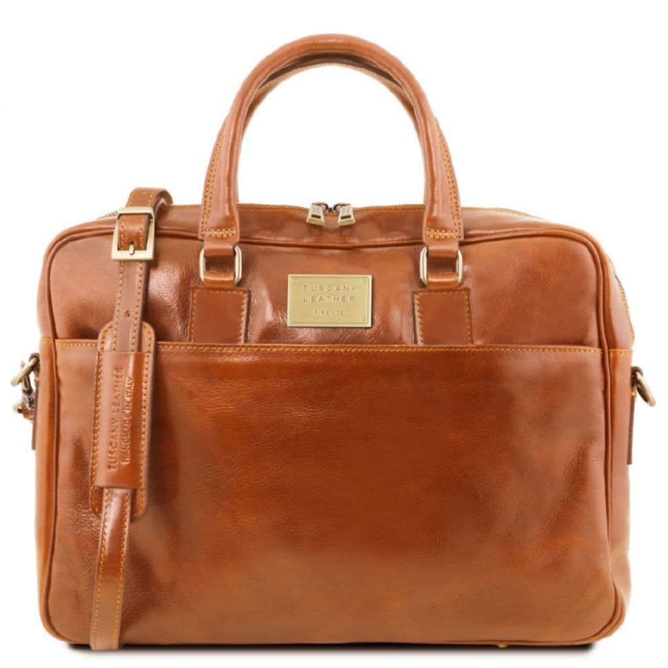 Шкіряна сумка портфель для ноутбука на два відділення Tuscany Leather Urbino TL141894 (Мед) — 2