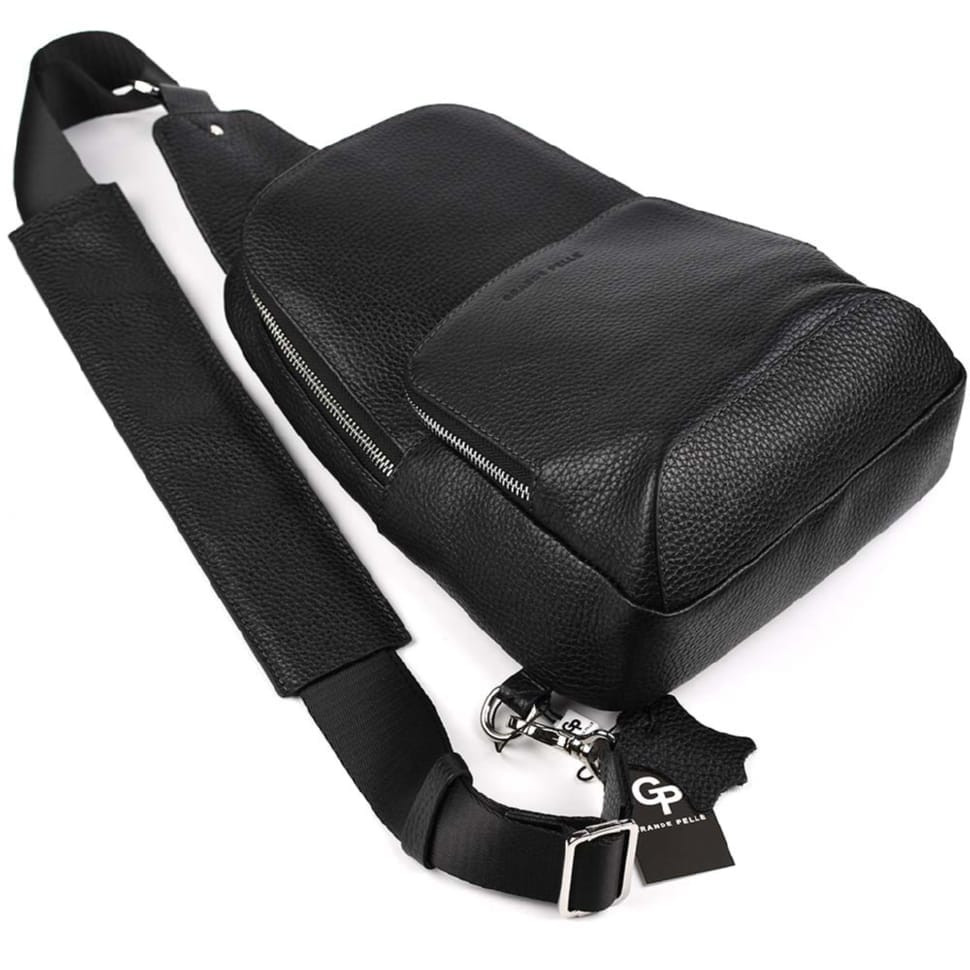 Шкіряна нагрудная сумка слинг Grande Pelle 723710 чорний флотар — 4