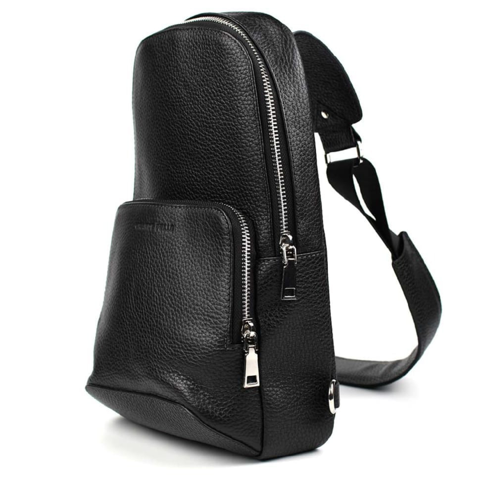 Шкіряна нагрудная сумка слинг Grande Pelle 723710 чорний флотар — 2
