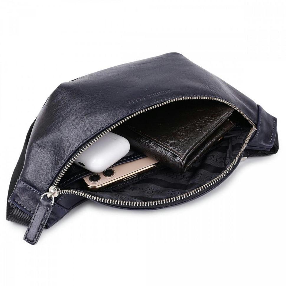 Шкіряна сумка на пояс бананка Grande Pelle 741670 синя — 2
