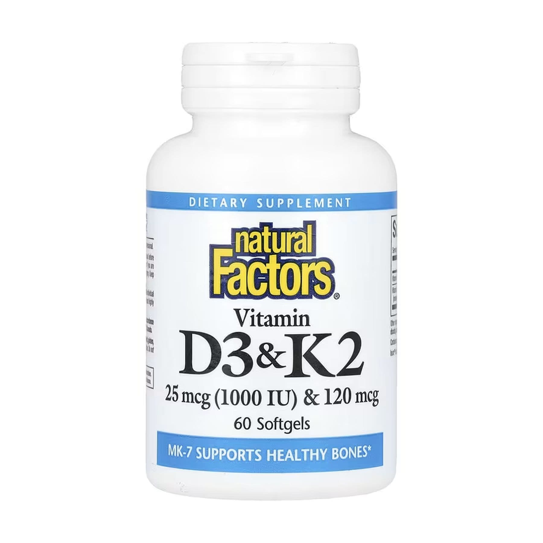 Вітамін D3 25 мкг (1000 МО) та K2 120 мкг, 60 капсул софтгель, Natural Factors