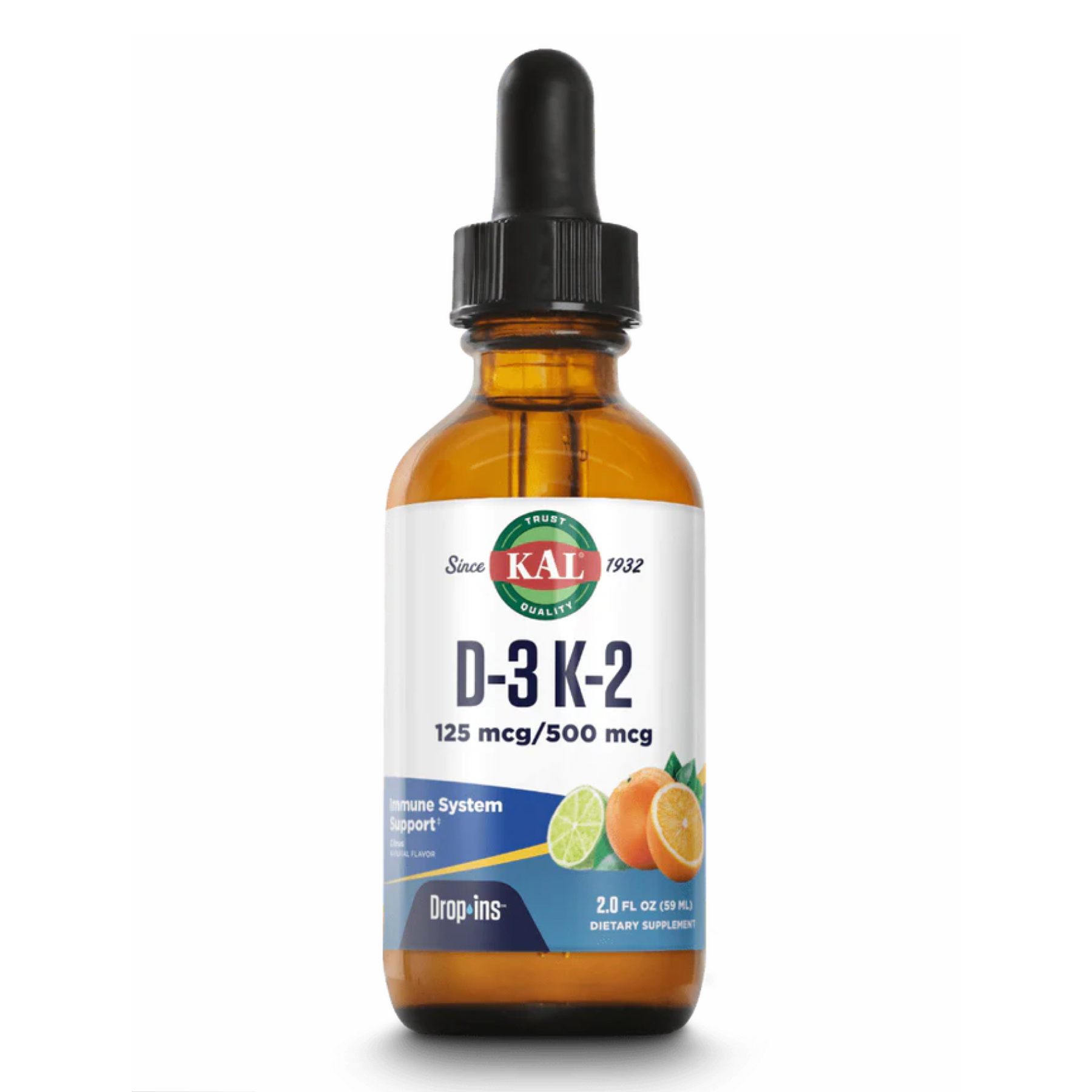 Вітамін D3 та K2, краплі, 125 мкг, 2 унції, Цитрус, KAL