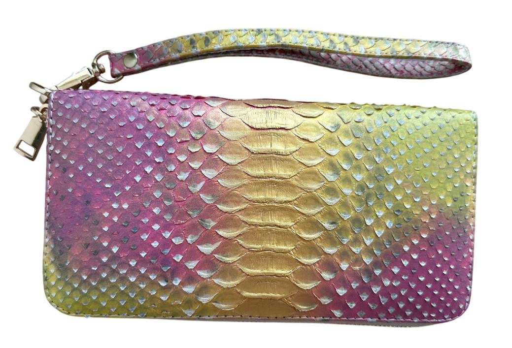 Гаманець портмоне із знімною ручкою Exotic Leather із натуральної шкіри пітона Рожево- жовтий (snw35)