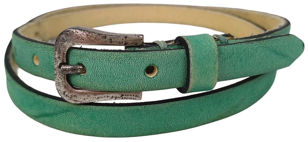 Вузький вінтажний шкіряний жіночий ремінь ручної роботи B.Belt бірюзовий
