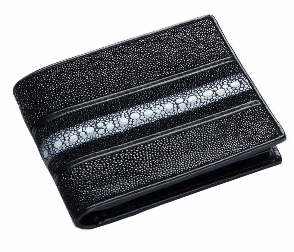 Гаманець зі шкіри ската з білим ремінцем Exotic Leather Чорний (stw10_1)