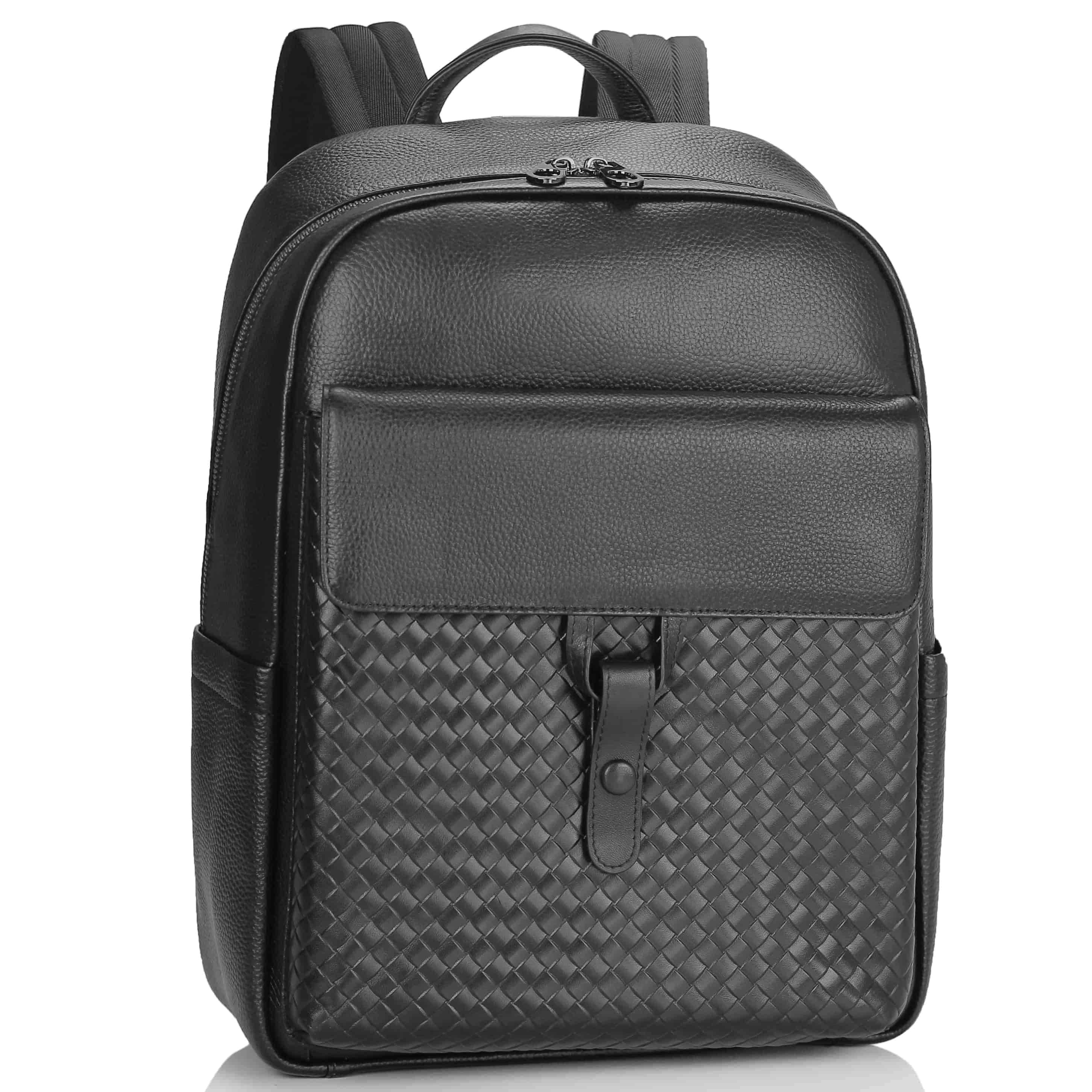 Чоловік шкіряний рюкзак чорний з плетінням Tiding Bag NM11-8838A