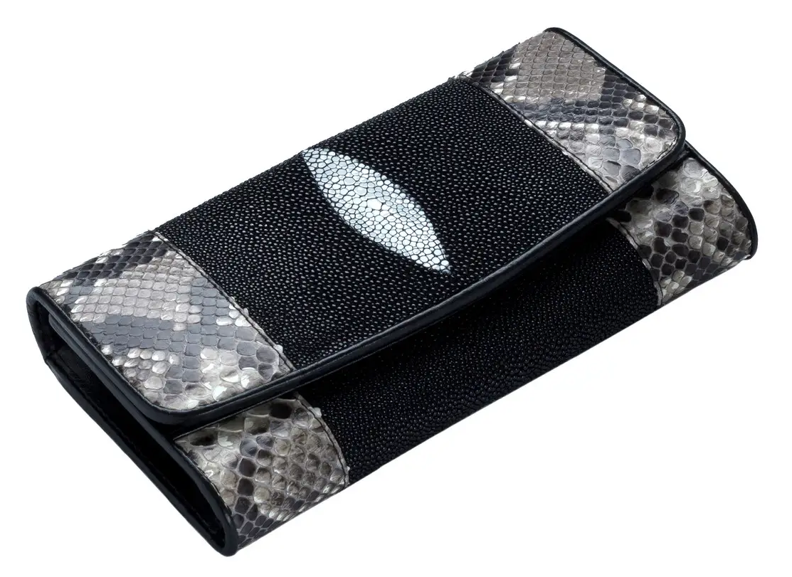 Гаманець Чорний Exotic Leather зі шкіри ската з пітоном (stw 12)