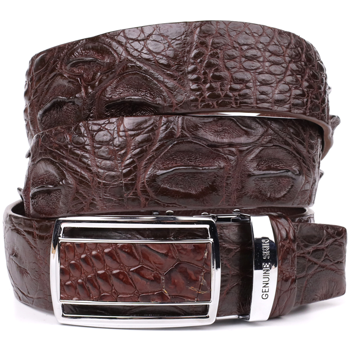 Ремінь-автомат CROCODILE LEATHER 18240 з натуральної шкіри крокодила Коричневий