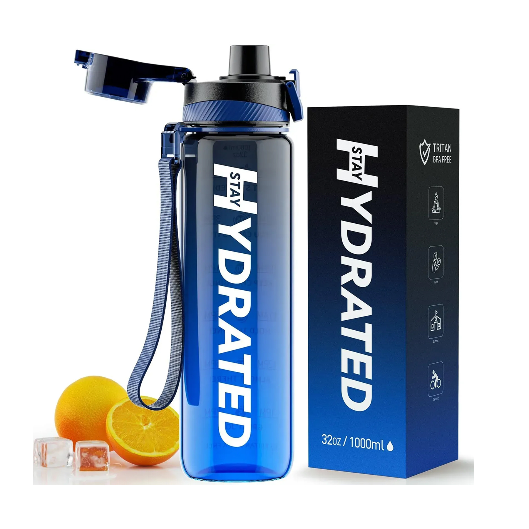Hydrated Water Bottle - 1000ml Tritan Blue Gray