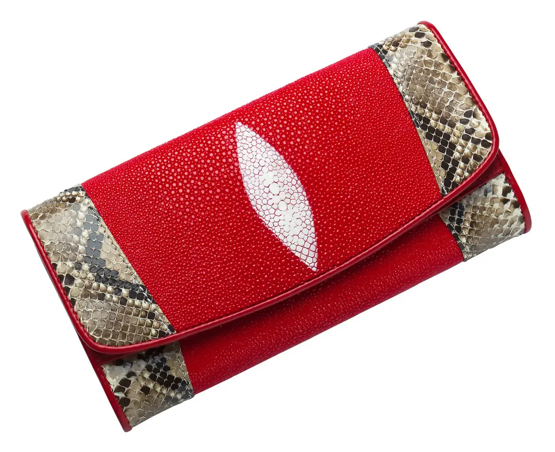 Гаманець червоний зі шкіри ската з пітоном Exotic Leather (stw011)
