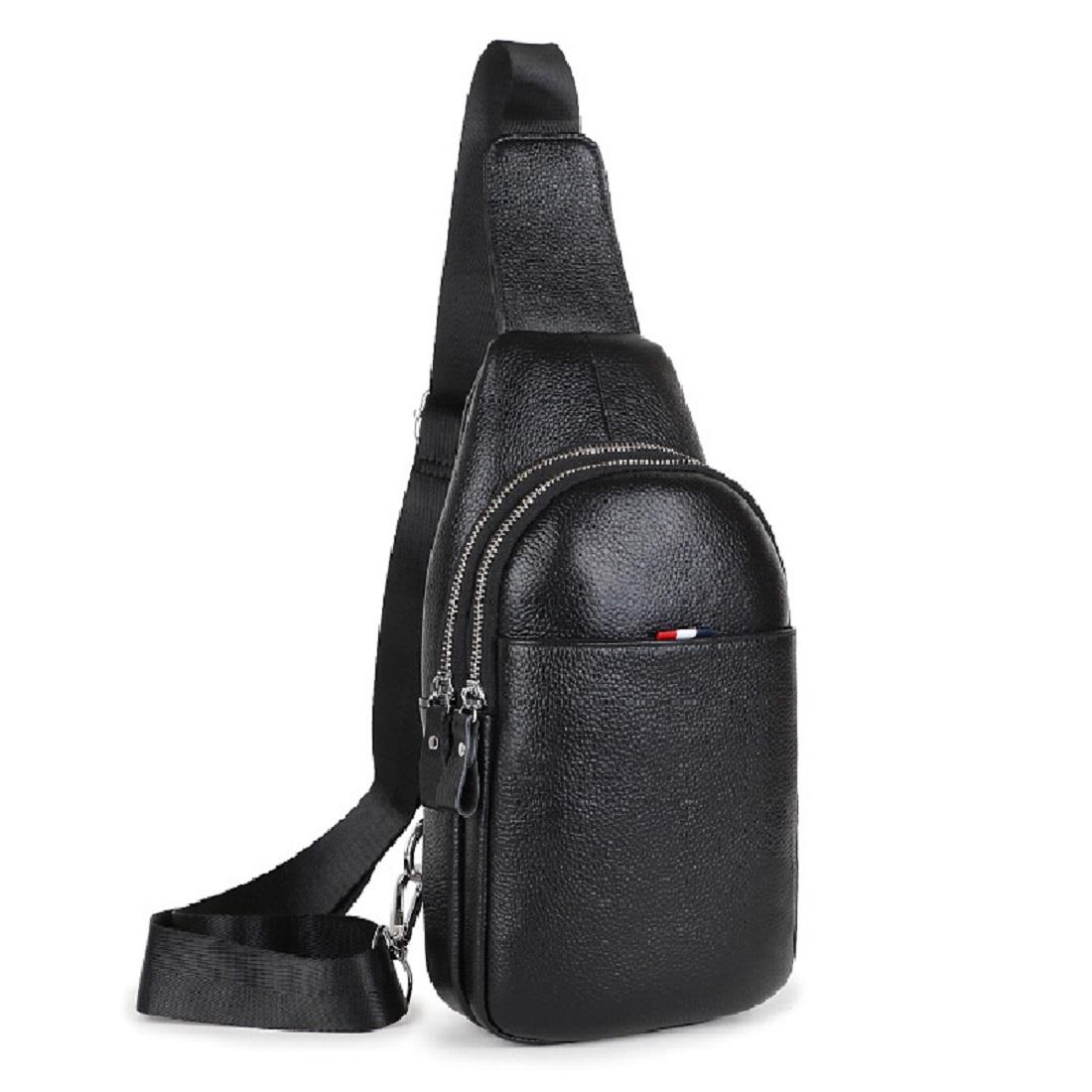 Шкіряний чорний слінг на два відділи Tiding Bag FL-A25F-8803A