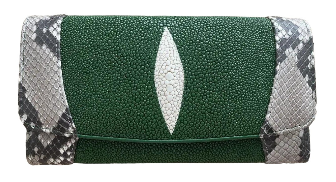Гаманець із натуральної шкіри ската з пітоном Exotic Leather зелений (stw 114_1)