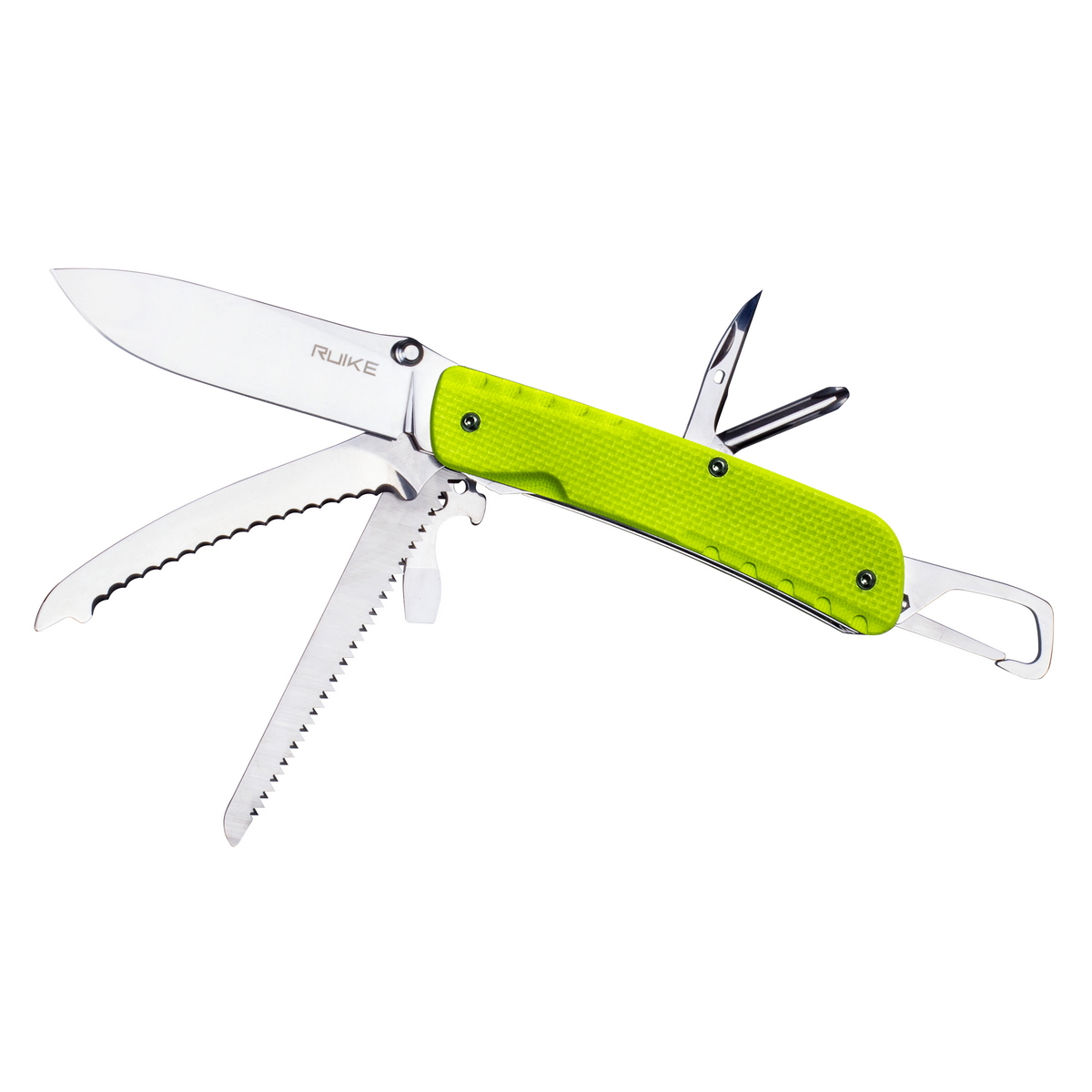 Багатофункціональний ніж Ruike Trekker LD43, (8.5 см) 12C27 / G10 зелений, 15 інстр.
