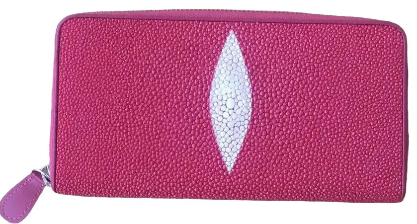 Гаманець портмоне жіночий зі шкіри ската на блискавці Exotic Leather рожевий малиновий (stw 30_1)