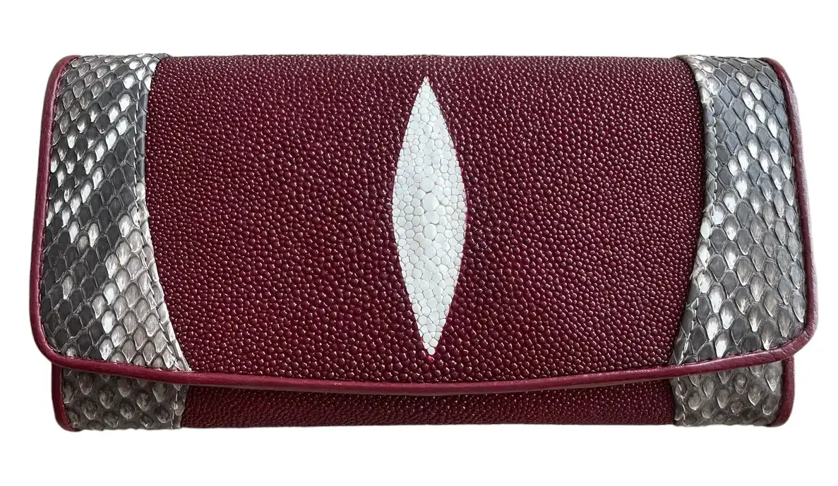 Гаманець зі шкіри ската з пітоном Exotic Leather Бордовий ( stw 114)