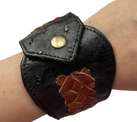 Браслет із натуральної шкіри страуса Exotic Leather чорний з коричневим плетінням (ob 05)